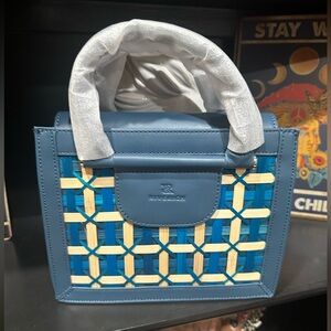 Riverrich Bamboo Woven Handbag – Blue & Natural – Modern Square Design – NWT